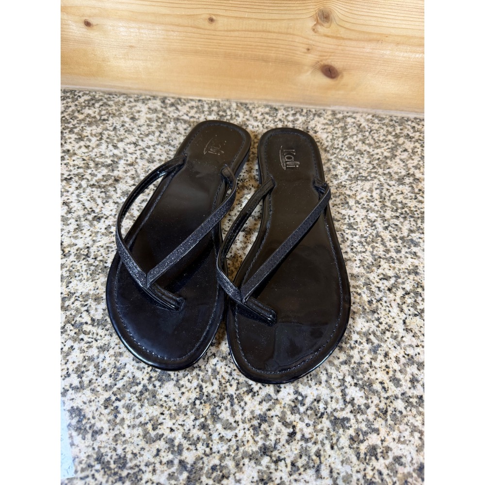 Kali Womens Black Glitter Strap Flip Flop Sandals Size 7 Flat Thong Shimmer